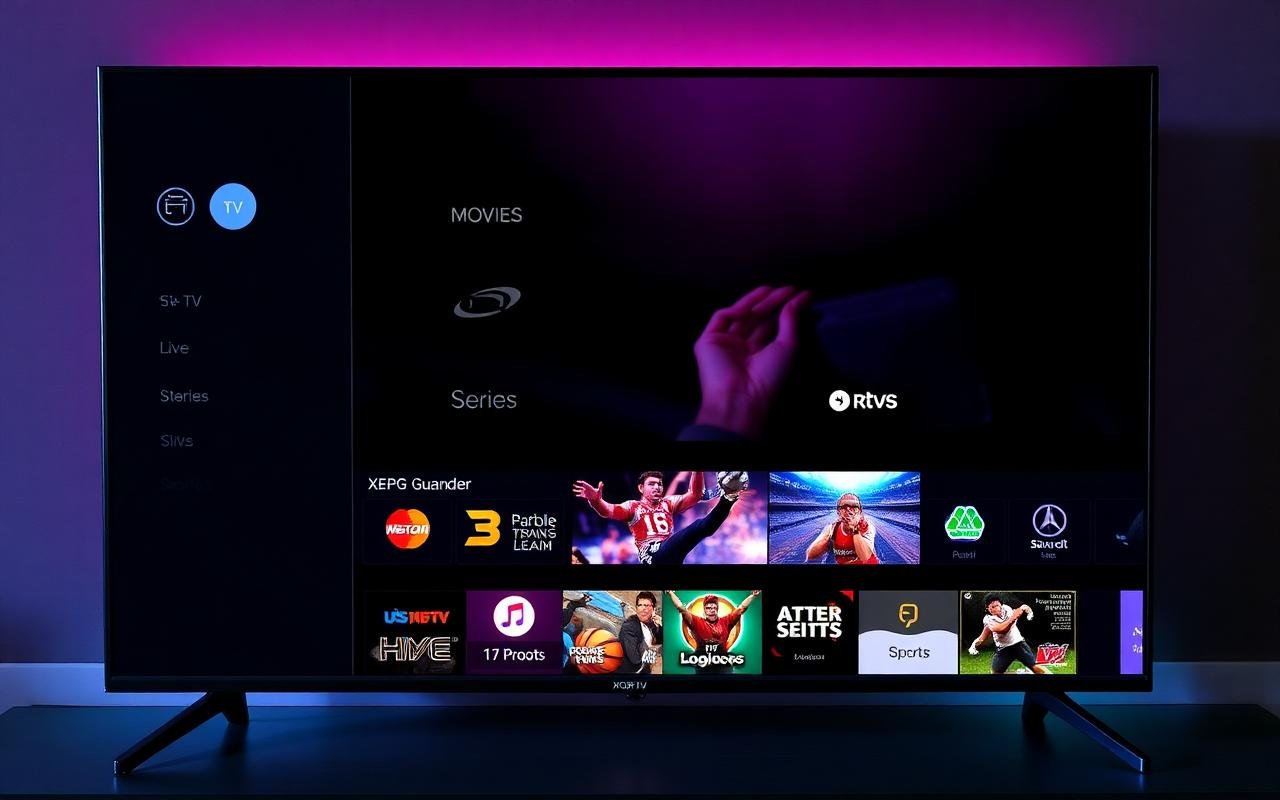 Tela do XCIPTV em uma Smart TV mostrando a grade de canais ao vivo, EPG e categorias Movies, Series e Sports